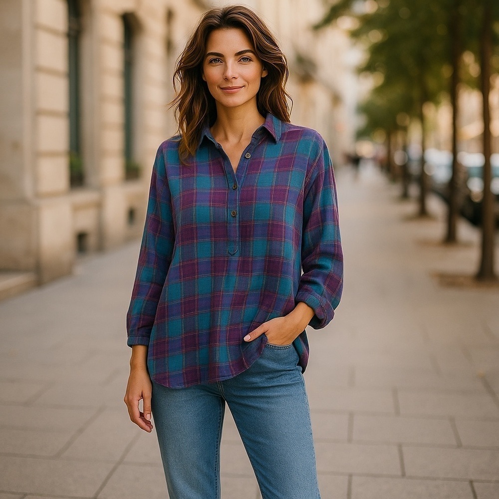 Vintage Turquoise/Purple Pullover Buttondown Flannel